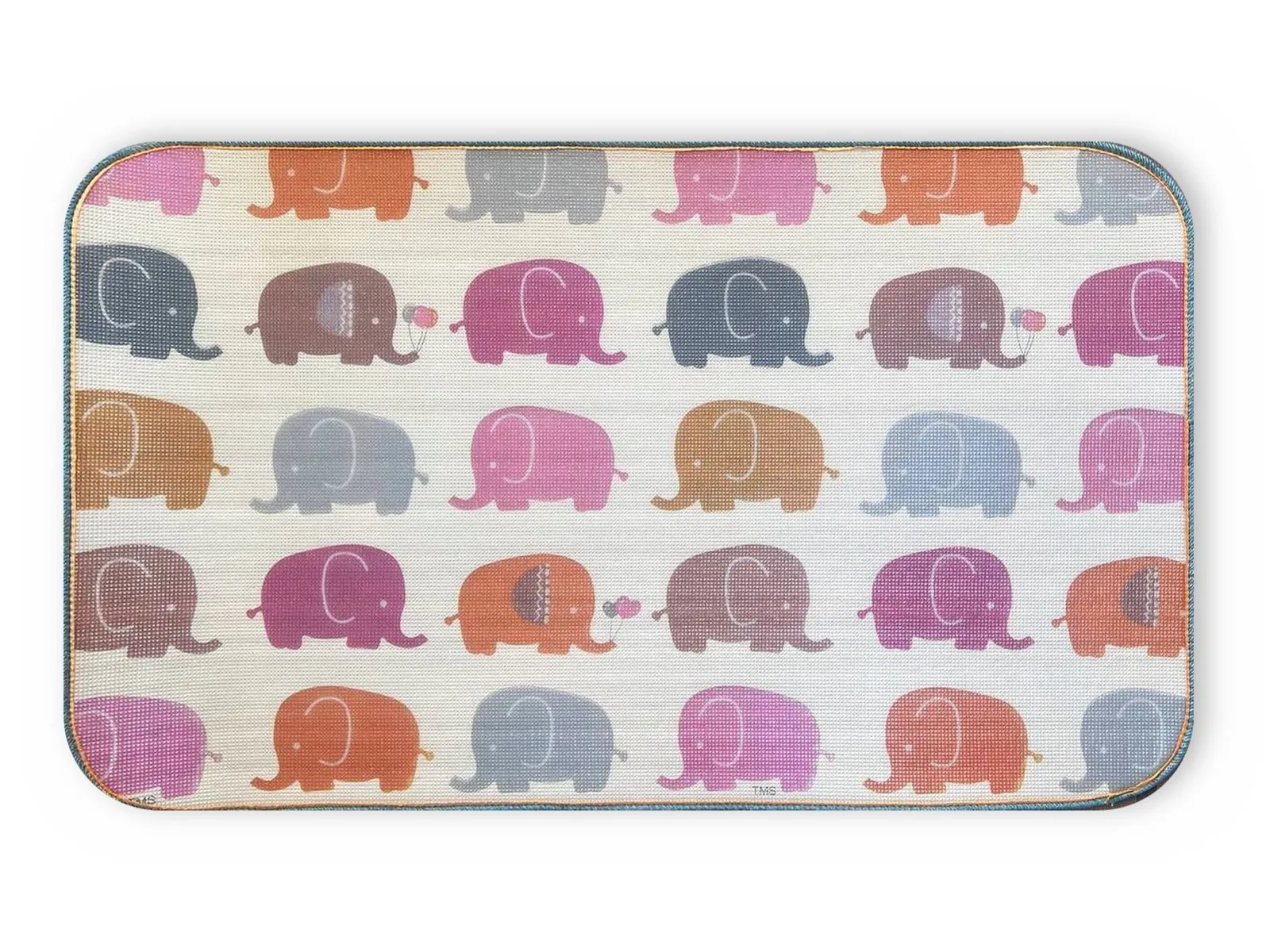 “Elephant Parade” mat, front side: rows of colourful elephants