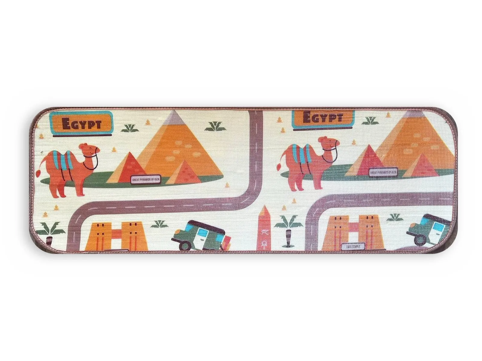 “Trip to Egypt” mat, front side: pyramids, camels and roads
